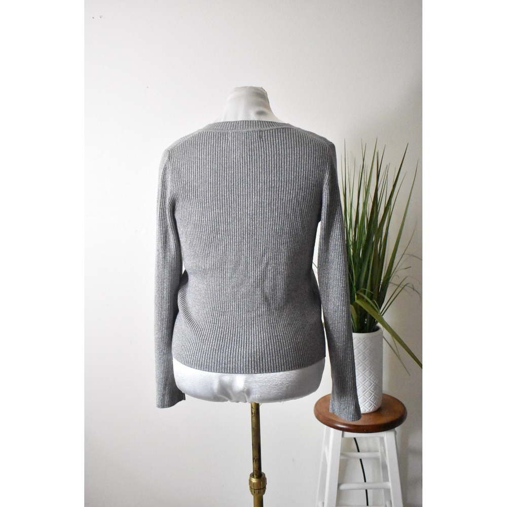 Classiques Entier Cardigan Sweater Women L Silver Y2K Metallic Ribbed V-Neck - Picture 5 of 9